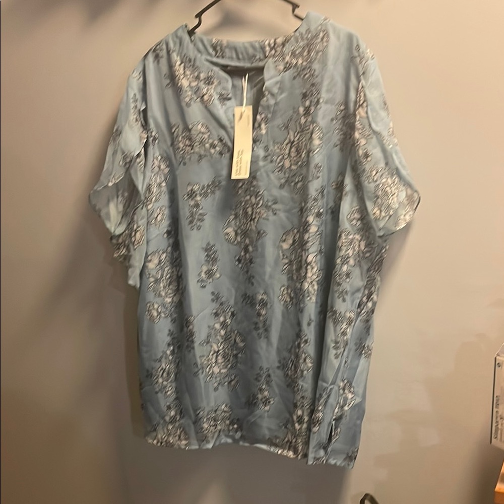 Blue Flutter Sleeve Blouse with Mandarin Collar